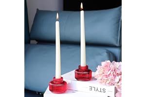 Woho Red Taper Candle Holders Set of 4 for Christmas Decorations, Reversible Ribbed Glass Candlestick Holders for Wedding Table, Vintage Candle Sticks Holder Decor for Valentines Day Decor