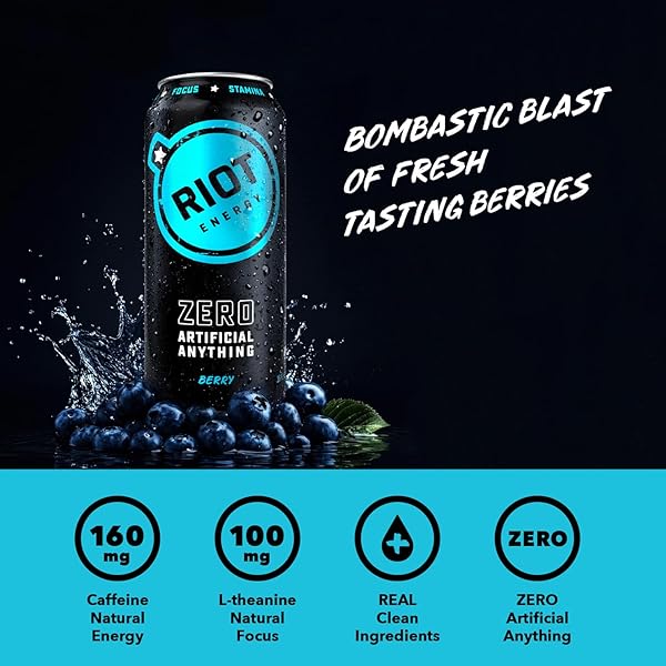 RIOT CLEAN ENERGY DRINK, BERRY, ORGANIC, NO SUGAR ADDED, MADE WITH REAL FRUIT, 100MG L-THEANINE, 16 FL OZ