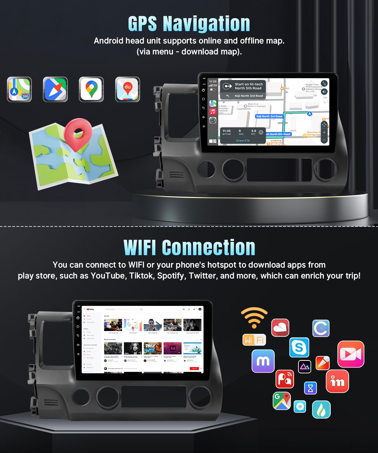 Naifay Android Car Radio for Honda Civic 2006 2007 2008 2009 2010 2011 with Wireless CarPlay Android Auto, 2+32G 10.1inch IPS Touch Screen Car Stereo Bluetooth FM GPS Navigation WiFi SWC Split Screen