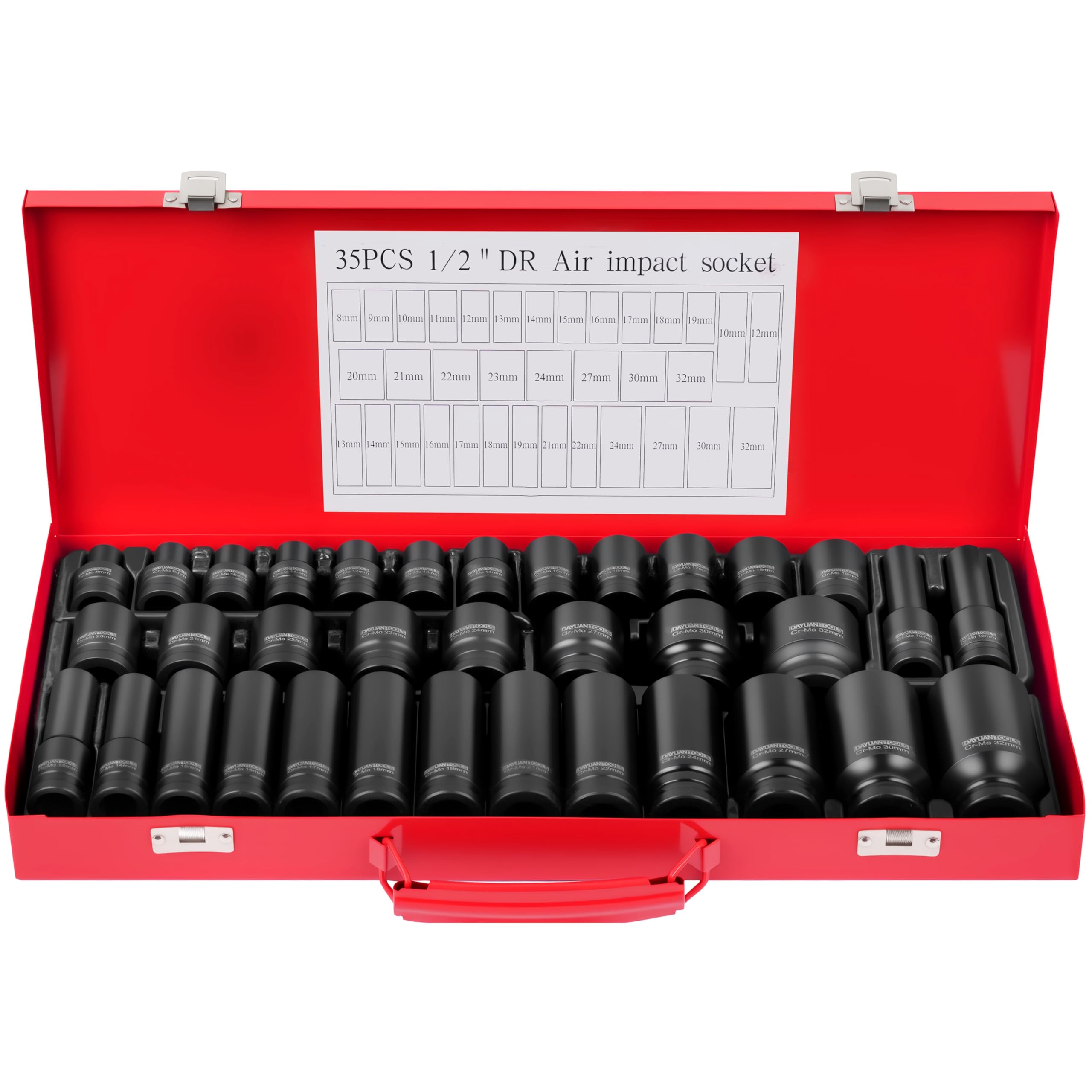 35pcs 1/2" Drive 6 Point 8-32mm Metric Deep Impact Socket Set with Metal Carring Case