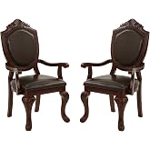 Dining Chairs Set of 2 &ndash; Antique Style Leather Dining Room Chairs with Solid Wood Legs and Rivet Decor, Ideal for Kitchen, Bedroom, Living Room (Brown Armrest)