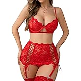 Donnalla Sexy Lingerie for Women 3 Piece Lace Lingerie Set Bra and Panty Sets with Skirt Garter Belt (NO STOCKINGS)