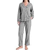 PEHMEA Women's Plaid Pajamas Set 2 Piece Cotton Gingham Sleepwear Puff Sleeve Scalloped Babydoll Shirt Lounge Pj Sets