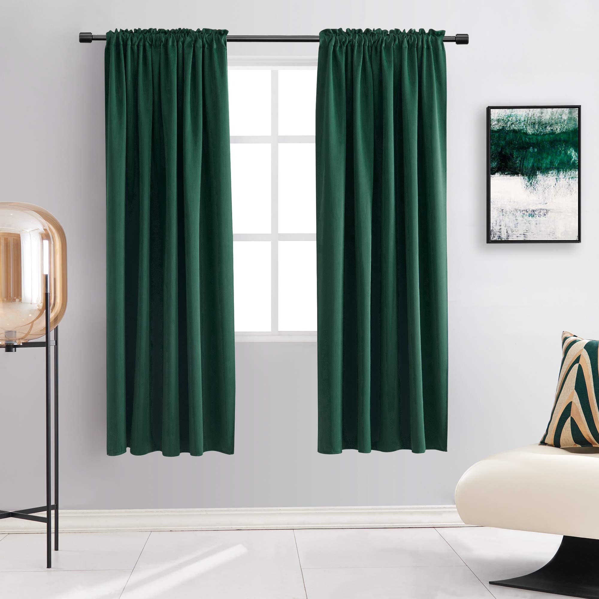 DONREN Blackout Curtains for Bedroom Thermal Insulated Drapes Drawstring Curtains 2 Shawls 52" W x 63" L (132 x 160 cm) Hunter Green