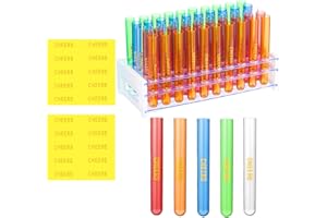 FoldTier 50 Pcs Neon Plastic Test Tube Shot Glasses with Rack Colorful Test Tubes Shooters 16 x 125 mm (12ml) with Cheers Print and Tube Holder Holiday Party Favors Wedding Home Decor Candy Storage