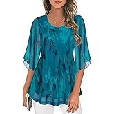 Ninedaily Women's Tops 3/4 Sleeve Blouses Dressy Casual Double Layers Mesh Tunic Shirts
