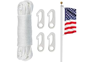NQ Flag Pole Rope Kit - 50 Feet x 1/4" Diameter Flag Pole Halyard Nylon Rope with 4 Pieces Flag Pole Hook Clips - Outdoor Flagpole Accessories, Rope for Clothesline, Swing, Camping (50FT, White)