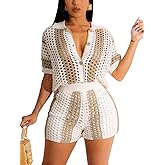 KANSOON Short Sets Women 2 Piece Outfits Knit Color Block Short Sleeve Button Down Shirt and Shorts Set