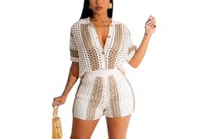 KANSOON Short Sets Women 2 Piece Outfits Knit Color Block Short Sleeve Button Down Shirt and Shorts Set