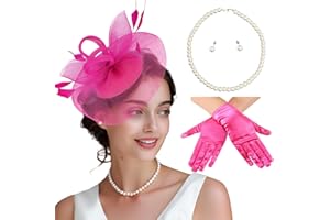 MS.ING Fascinator Hats for Women Tea Party Hats and Gloves Pearl Jewelry Set Derby Hat for Cocktail Wedding