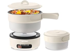 HYTRIC Electric Cooker, 2L Portable Electric Cooker with Foldable Handle, Non-Stick Electric Cooker with Dual Power Control for Camp, Dorm, Multi-Function Ramen Cooker for Oatmeal, Steak, Pasta,