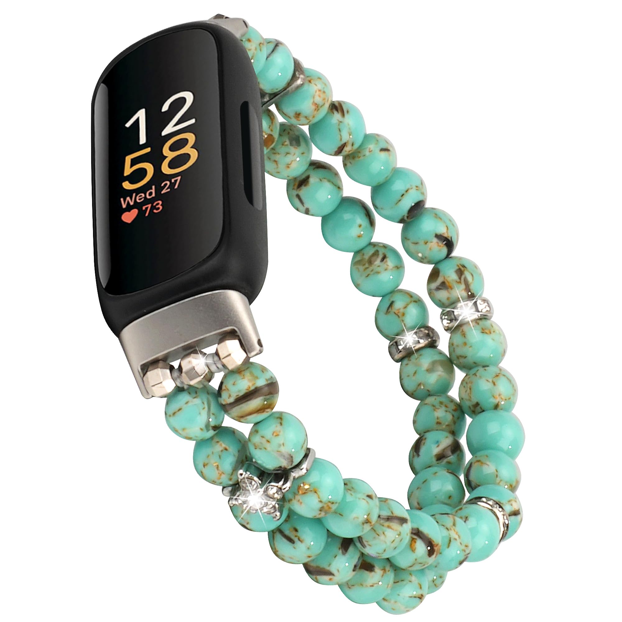 Photo 1 of iLVANYA Beaded Bracelet Compatible for Fitbit Inspire 3 for Women,Fashion Handmade Pearl Beads Elastic Stretch Watch Band for Fitbit Inspire 3 Fitness Tracker (Green Agate)