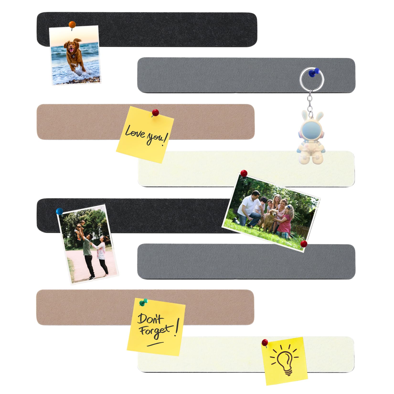 HULAVO 8Pcs Rectangle Felt Cork Board Bar Strips with 35 Pushpins, Self-Adhesive Bulletin Board Strips for Office School Home Wall Decor Stickers Memos Schedules Photos Display -Camel & Grey
