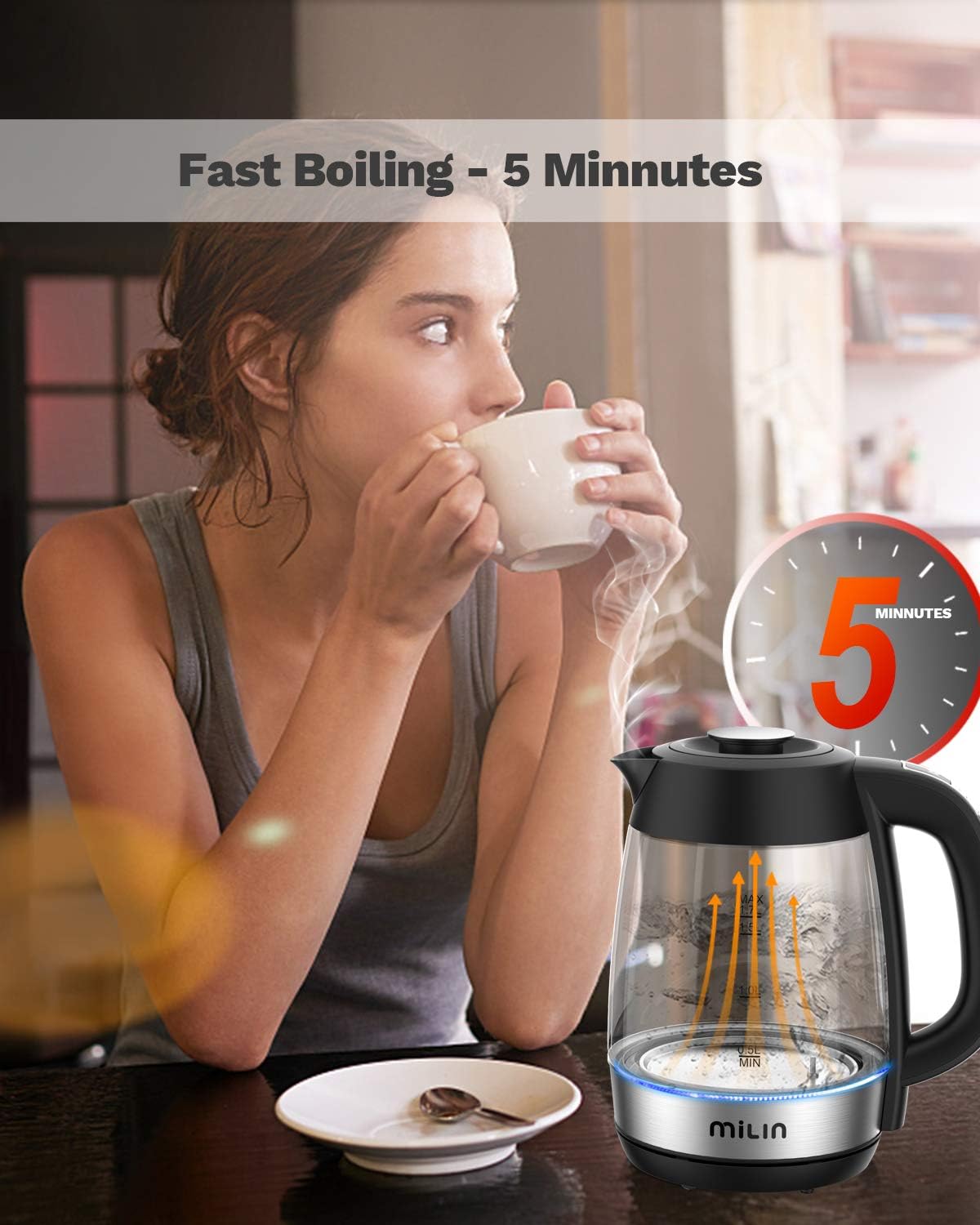 MILIN Electric Kettle, Hot Water Glass Kettle, 6 Level Temperature Control, 1.7L, Cordless with LED Indicator, 1500W, Auto Shut-Off and Boil-Dry Protection: Kitchen & Dining