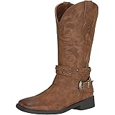 SheSole Womens Boots Cowboy Boots Women Square Toe Western Cowgirl Boots Wide Mid Calf with Buckles Pull On Dress Ladies Fashion Country Botte Cowboy Femme
