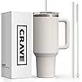 Crave Cups 40oz Tumbler with Lid and Straw l Reusable Spill Proof Double Wall Insulated Stainless Steel Water Bottle Travel Mug l Cupholder Friendly Vacuum Sealed Tumbler with Handle (Birch)