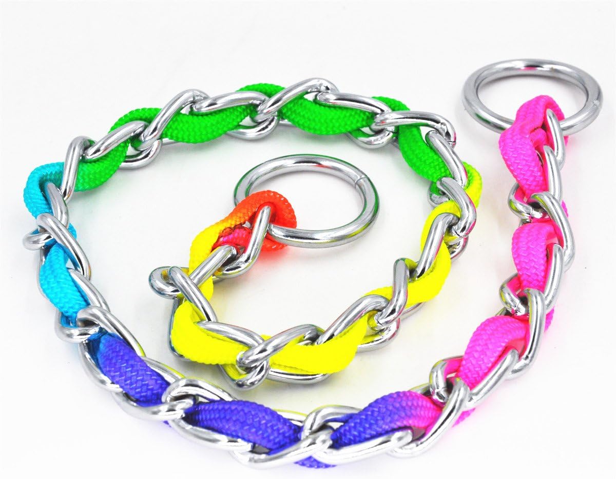 JWPCEU Rainbow Color Stainless Steel P Chock Metal Chain Training Dog Pet Collars Necklace Walking Training Pet Supplies for Small Medium Dogs,L - Image 3