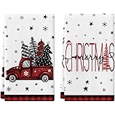LIOQUN Christmas Hand Towel Set of 2, Red Truck Hand Towels, 18x26 Inch, Merry Christmas Tree Towel for Bathroom Home Kitchen, Soft Towel Red Buffalo Plaid Decoration, Winter Holiday Decor Towels