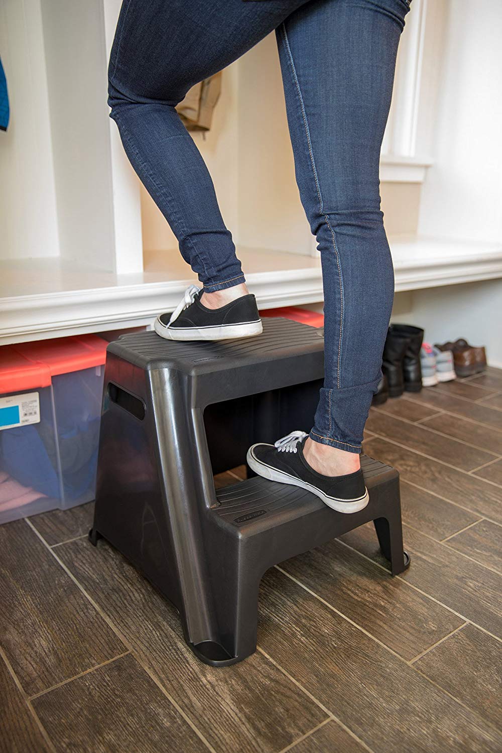 Rubbermaid 2-Step Molded Plastic Step Stool, Lightweight with Slip Resistant Treads and Non-Slip Feet, Black (Amazon Exclusive)