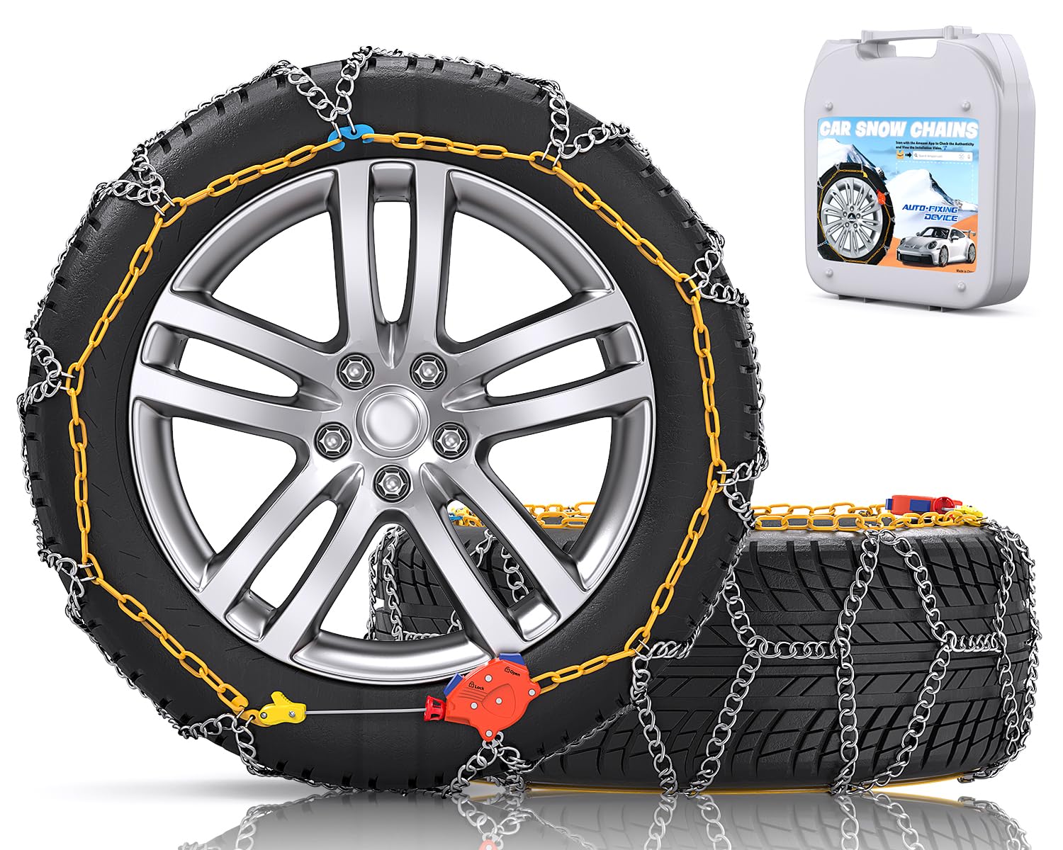 Photo 1 of Snow-Chains Auto Fixing 1 Min Quick Fit Easy Installation Tire-Chains, Portable Reusable Universal Emergency Tire Traction Chain for Passenger Car, Pickup Trucks and SUV - Set of 2 (HN-130)