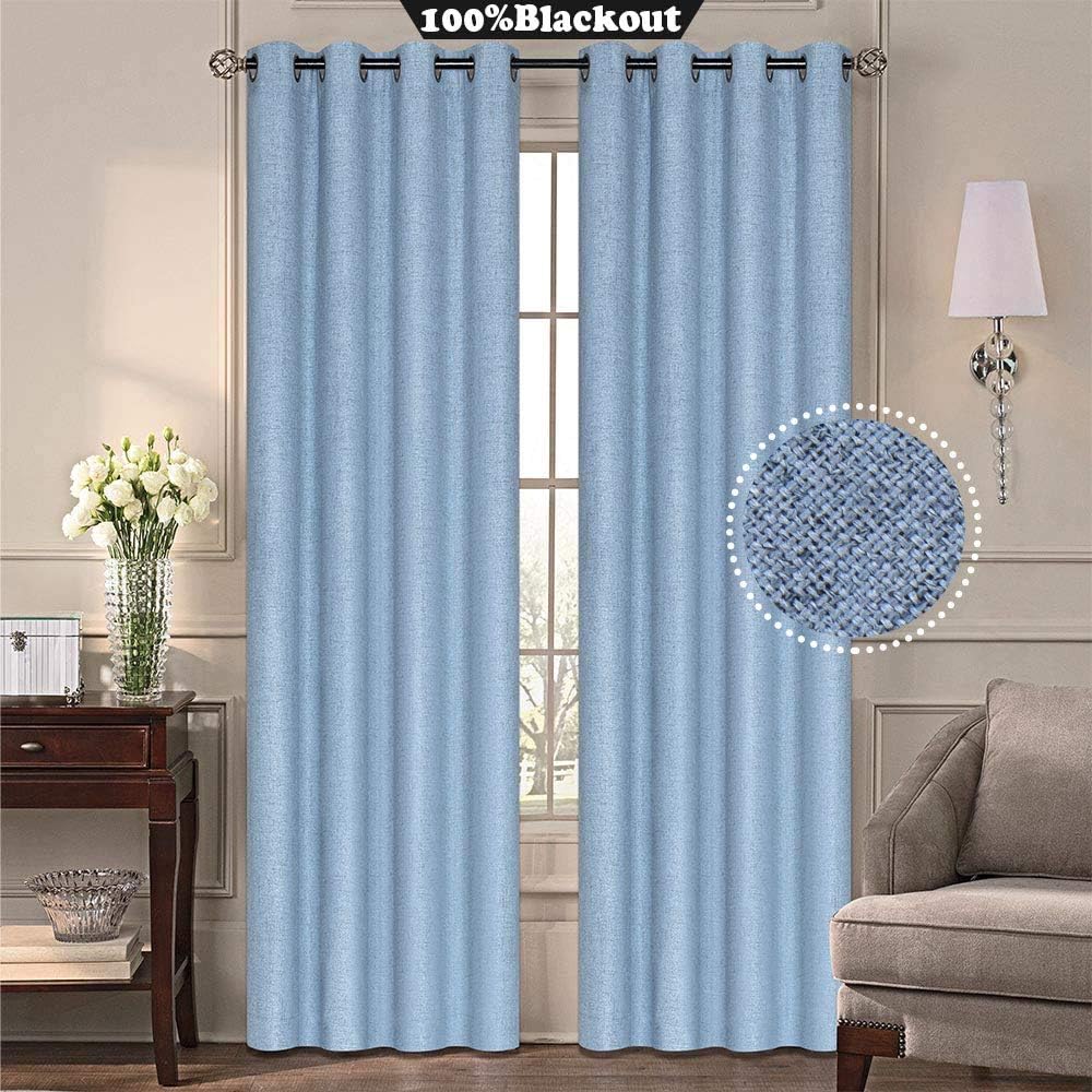 Everyday Celebration Sunbar 100% Blackout Linen Look Grommet Curtains Panels Drapes for Bedroom, Living Room, Window, Sliding Door, with Thermal Lining, 52x84 Inches, Blue, 1 Panel