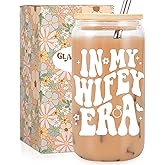 Fairy's Gift Wifey Era Cup, Wedding, Bride Gifts for Her, Bridal Shower, Engagement Gifts for Women, Couples, 16 oz Coffee Glass Cups w/Lids Straws, Bachelorette Presents for Bride to be, Future Mrs