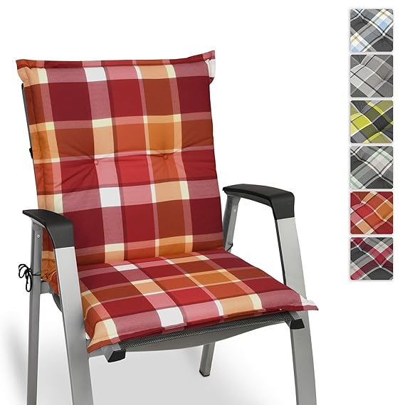 Beautissu Sunny RO Niedriglehner Auflage für Gartenstuhl 100x50 cm in Rot Kariert - Bequemes Sitzkissen Polsterauflage UV-Lic