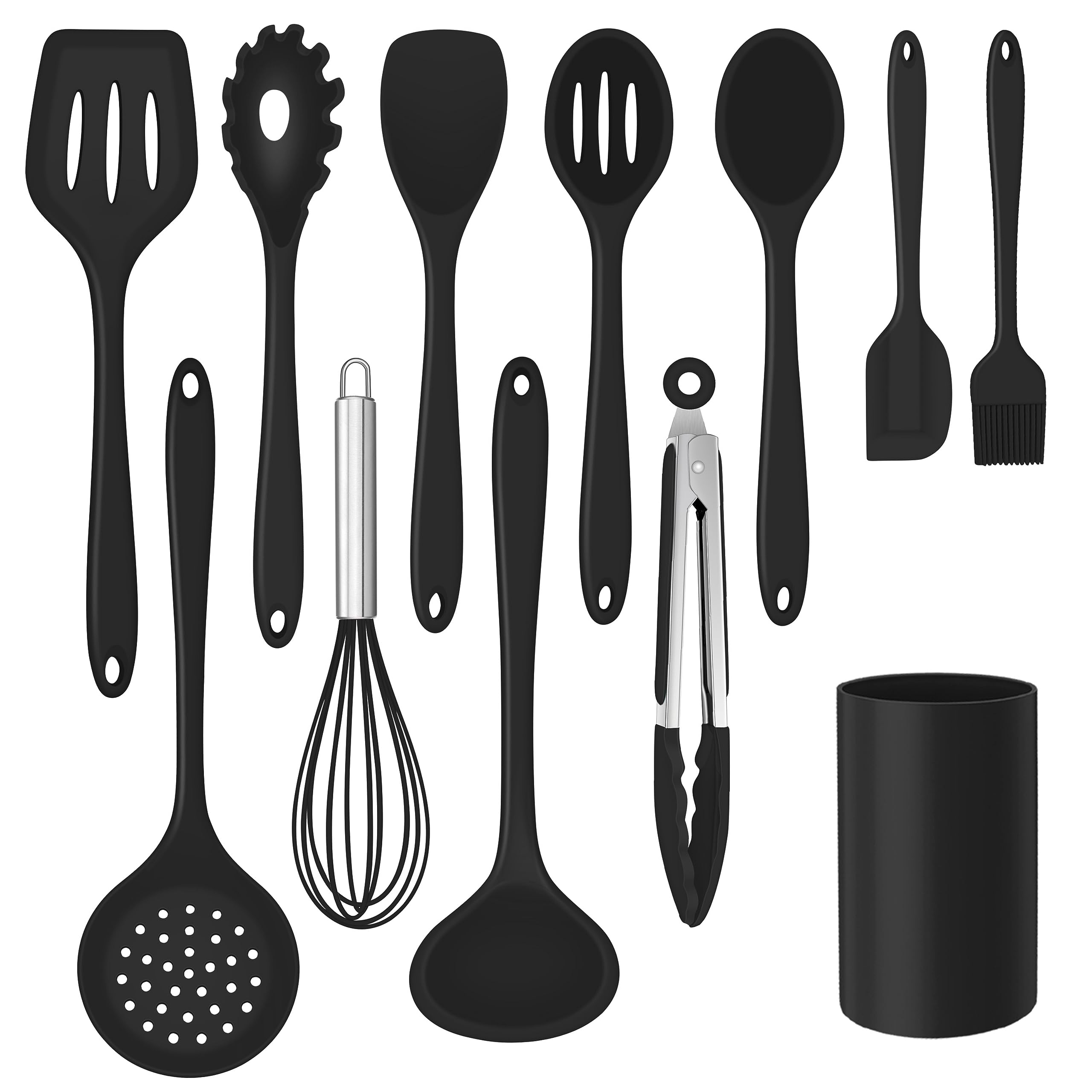 Herogo Kitchen Utensils Set of 12, Silicone Cooking Utensils Set with Holder for Baking, Cooking, Non Stick & Heat Resistant Cookware Include Spatula Whisk Spoon Turner Tongs, Dishwasher Safe (Black)