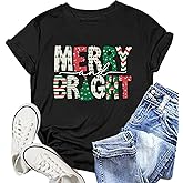 NEWKA Womens Merry and Bright Shirt Merry Christmas Tshirt Christmas Tree Tee Shirts