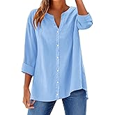 LOMON Womens Button Down Shirts Long Sleeve Cotton Button Up Shirt Linen V Neck Casual Loose Tops Blouses