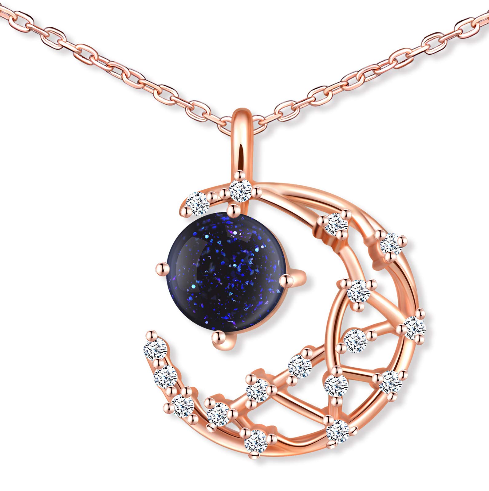 MicLee Women's girl's Necklace pendant, 925 Sterling Silver necklace, beautiful moon necklace, Shiny planet pendant, Inlaid zircon and blue stone, rose gold