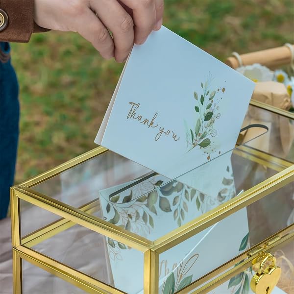NCYP SMALL 9.8″ X 5.6″ X 7.7″ GLASS WEDDING CARD BOX WITH SLOT AND LOCK – BIRTHDAY PARTY RECEPTION, INDOOR TABLETOP CENTERPIECE, GOLD DECORATION – SLOT LENGTH 7.1 INCHES (GLASS BOX ONLY)