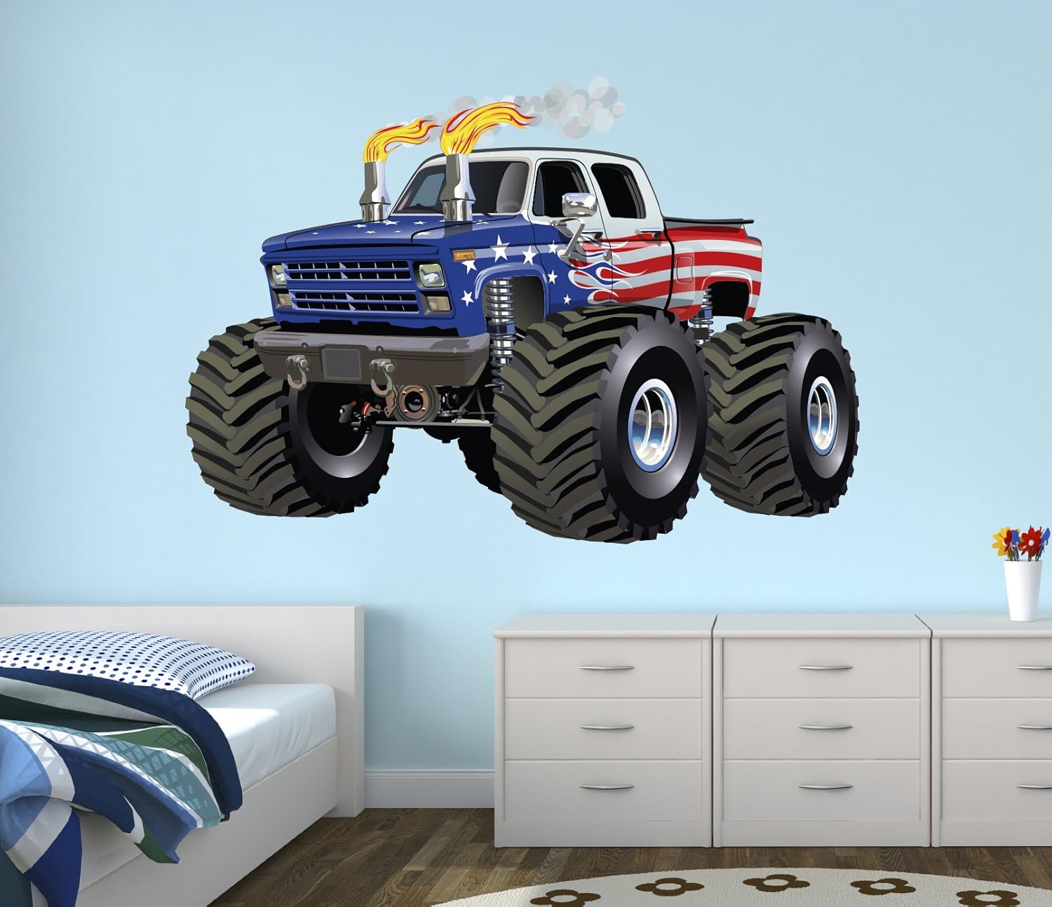 West Mountain Flag Monster Truck Wall Decal Nursery Art Kids Bedroom Decor Vinyl Playroom Sticker Mural WM08 (36''W x 30'' H)