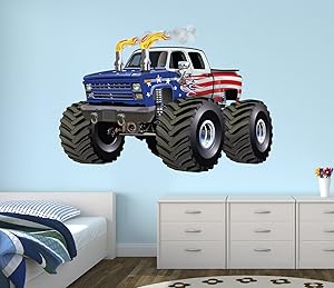 West Mountain Flag Monster Truck Wall Decal Nursery Art Kids Bedroom Decor Vinyl Playroom Sticker Mural WM08 (36''W x 30'' H)