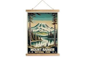 XIAOAIKA Vintage Mount Rainier National Park Travel Poster with Wooden Scroll Frame – Holiday Decoration or Gift for Living Room, Bedroom, Office Wall Decor, Retro Art Print 16 x 23 Inches