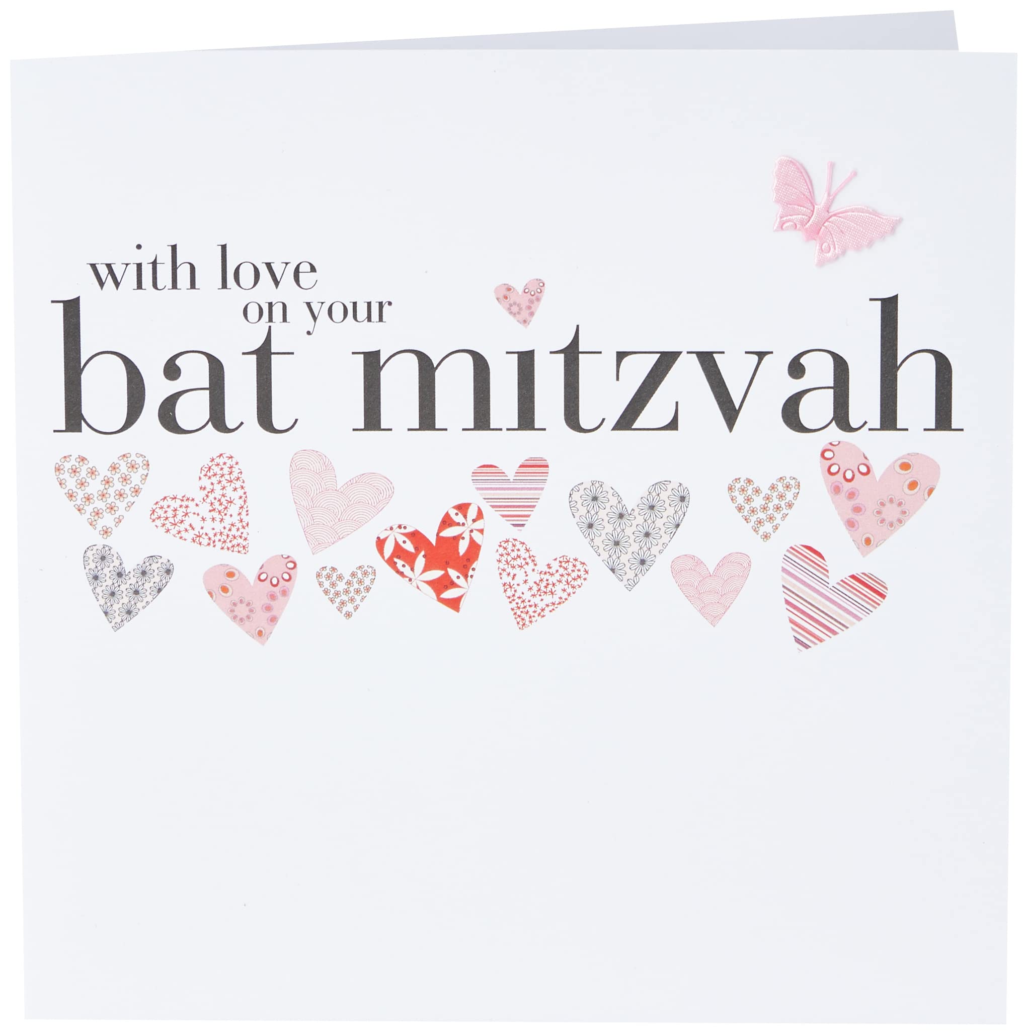 Claire Giles Greeting Cards, Bat Mitzvah Card, Congratulations pink hearts design Greeting Card, embellished with a pretty fabric butterfly