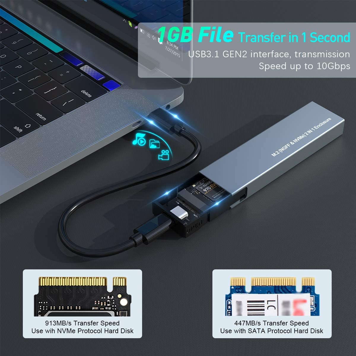 M.2 NVME and SATA SSD Enclosure Adapter, Tool Free Dual Protocol External Hard Disk Drive, Support USB 3.1 Gen 2 10Gbps NVME PCIe, 6Gbps SATA NGFF M-Key (B+M Key) for 2230 2242 2260 2280 SSDs: Computers & Accessories