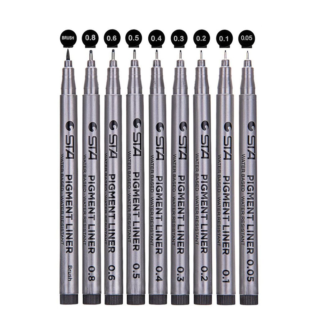Fineliner Pens, Pigment Pens Set of 9 Black Pens with Fine Tip Different Tips with Brush for Drawing Artist's Illustration Office Documents Scrapbooking and Technical Drawing