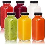 Moretoes 6 Pack 16oz Glass Juice Bottles with Lids Reusable Glass Square Beverages Drinking Jars with Tamper-proof Black Caps