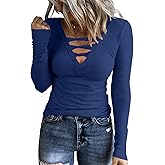 HERILIOS Women Casual Long Sleeve Tunic Tops V-Neck T Shirts Criss Cross Ribbed Casual Tee Slim Fitted Fall Blouse