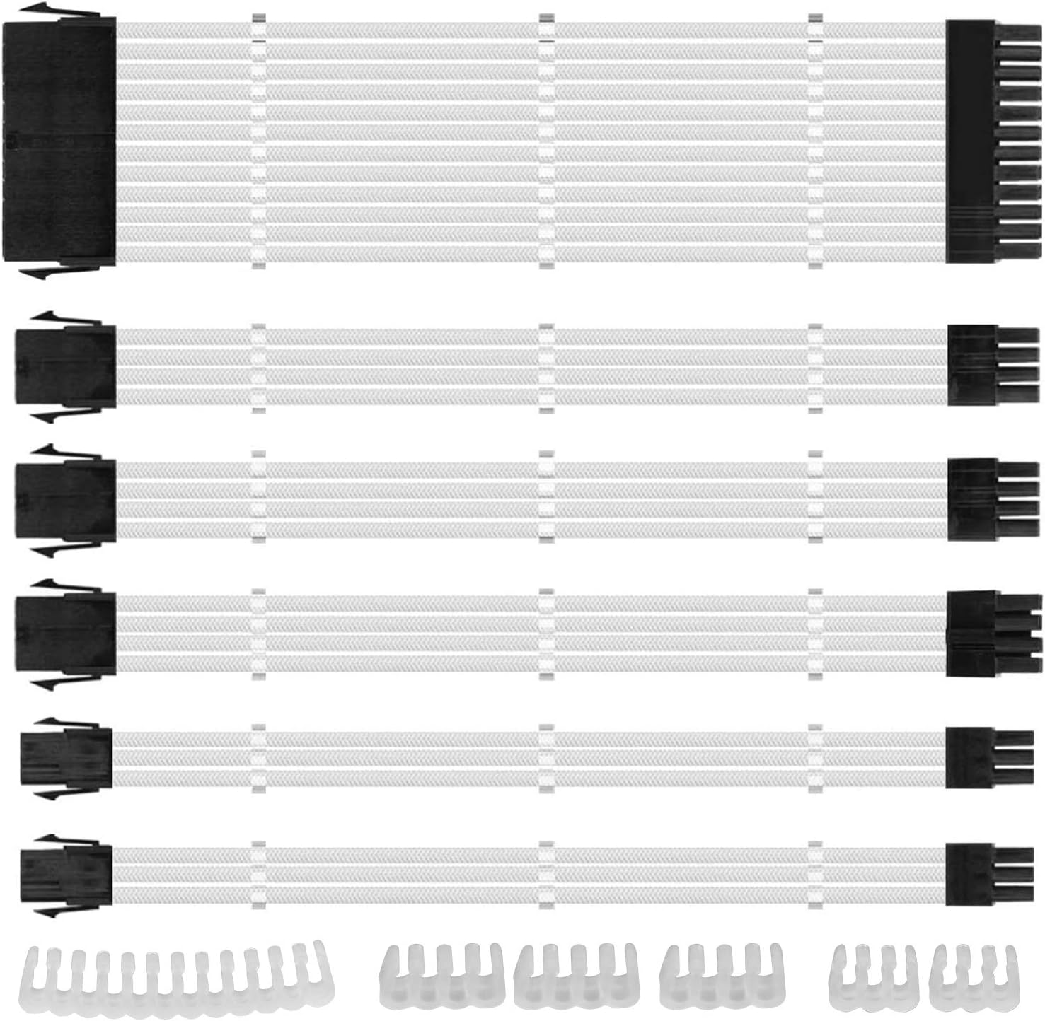 Create idea 30pcs White Fiber Braided ATX EPS PCI-E Sleeved Cable PSU Extension Cables with Combs Kit 24PIN 8PIN 6PIN 4+4PIN for CPU GPU Power Supply 30CM