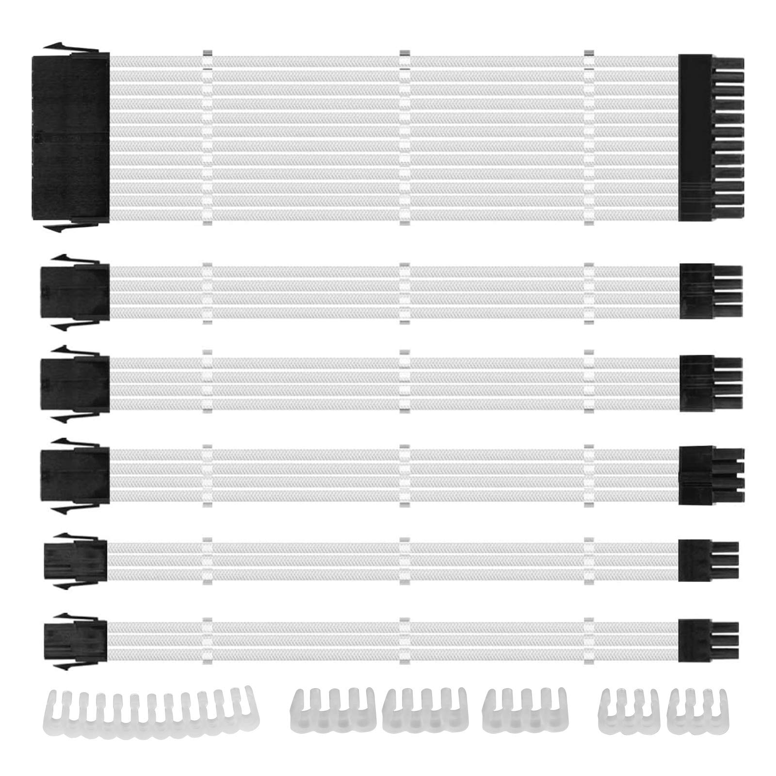 Create idea 30pcs White Fiber Braided ATX EPS PCI-E Sleeved Cable PSU Extension Cables with Combs Kit 24PIN 8PIN 6PIN 4+4PIN for CPU GPU Power Supply 30CM