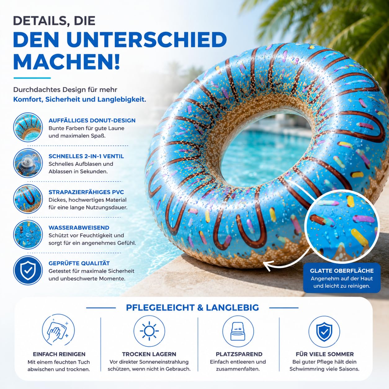 Aufblasbar Donut Schwimmring blau Ø 120 cm mit Biss - Schwimmreifen Pool & Wasser, für Erwachsene & Kinder (Donut blau) 7