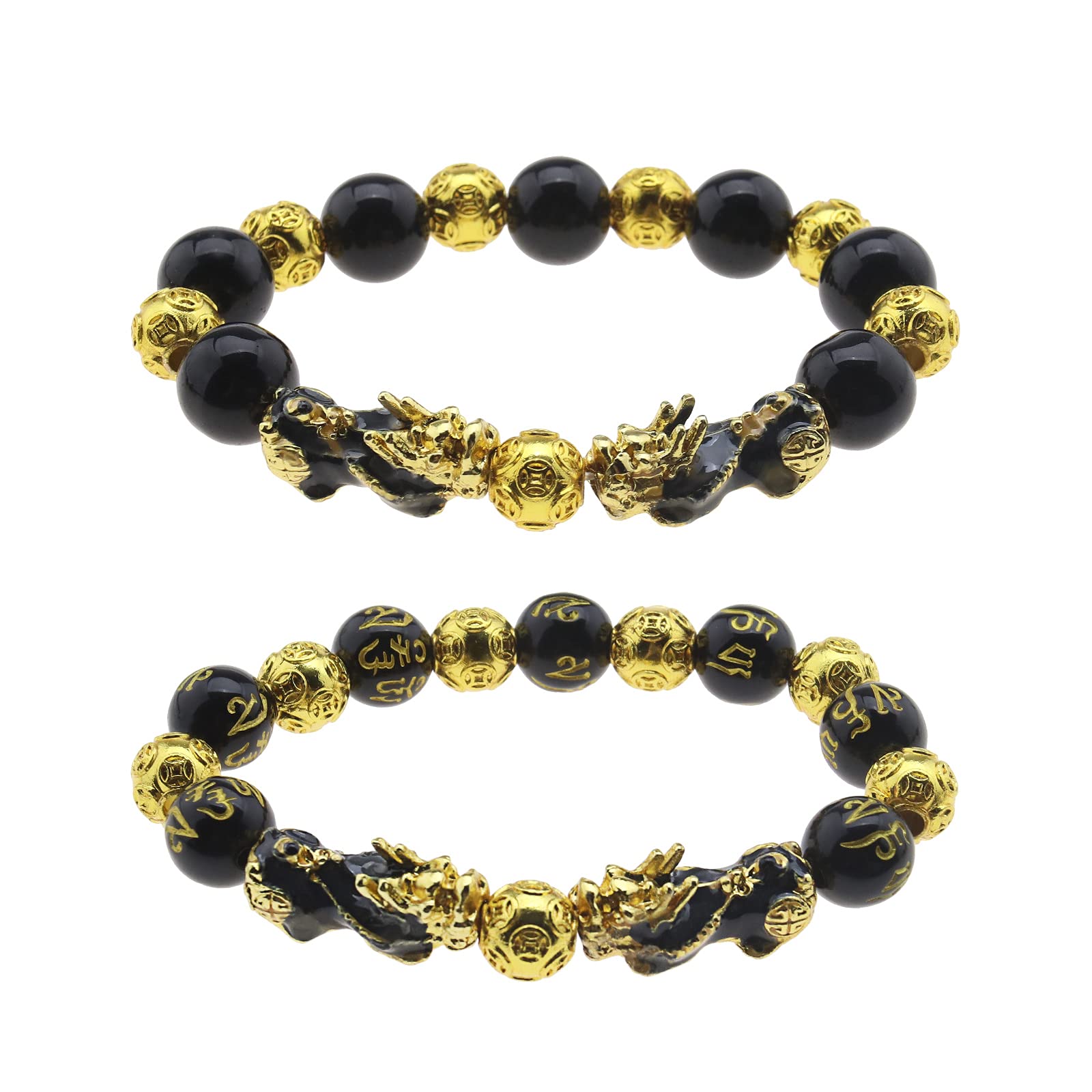 eMagTech 2pcs Feng Shui Bead Bracelet Obsidian Double Pixiu Bracelet Attract Lucky Wealthy Elasticity Gift for Men and Women