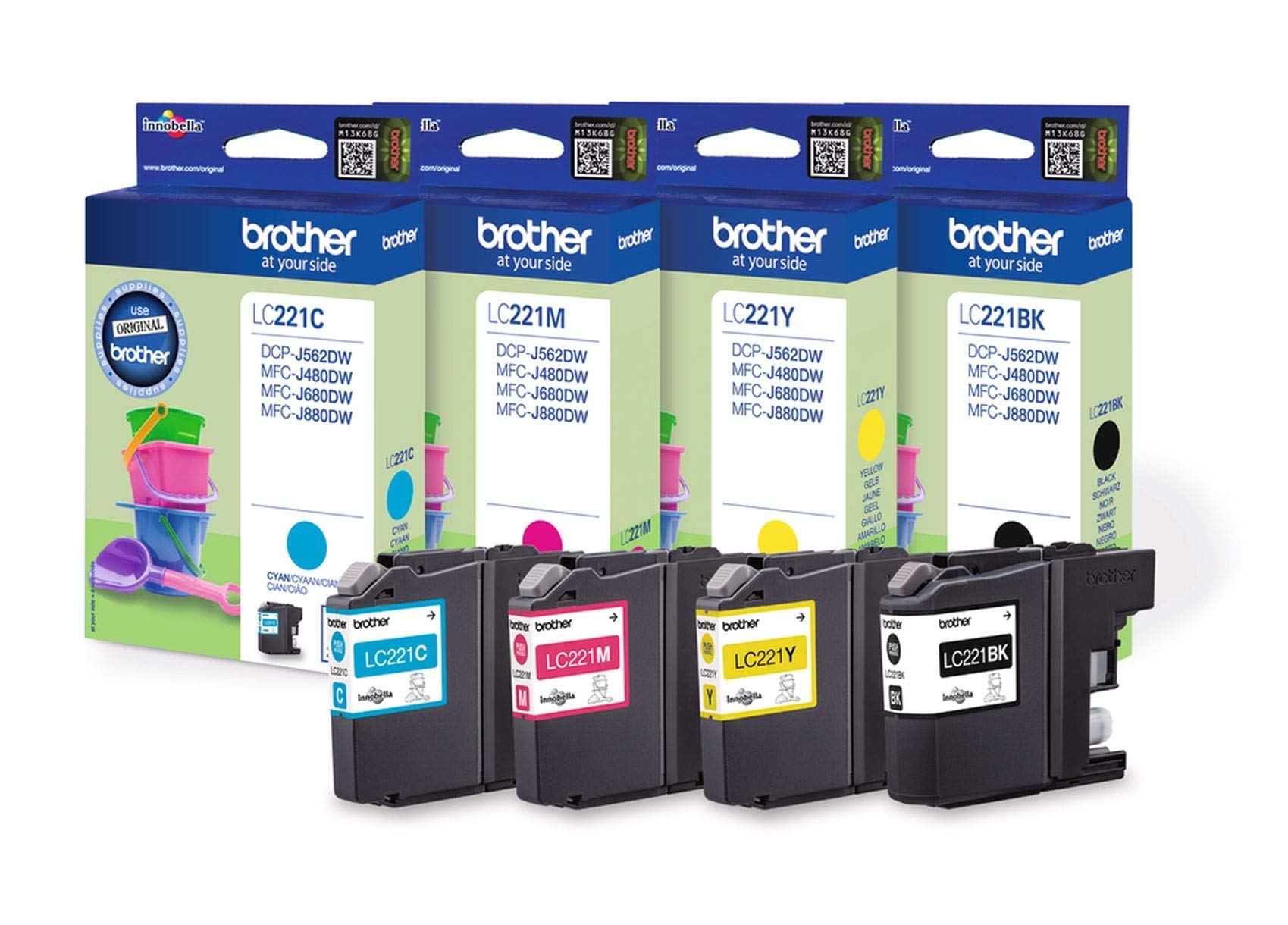 Brother LC-221BK/LC-221C/LC-221M/LC-221Y Inkjet Cartridge, Black/Cyan/Magenta/Yellow, Multi-Pack, Standard Yield, Includes 4 x Inkjet Cartridges, Brother Genuine Supplies