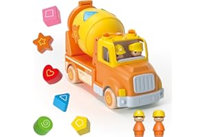 WANBORNS Construction Car Toys For Kids, Cement Mixer Truck with Sound and Light, Shape Sorter Learning & Education Preschool Vehicle for 18M+ 2 3 4 5 Years Old Boy Christmas Birthday Gift (Wooden+Plastics)