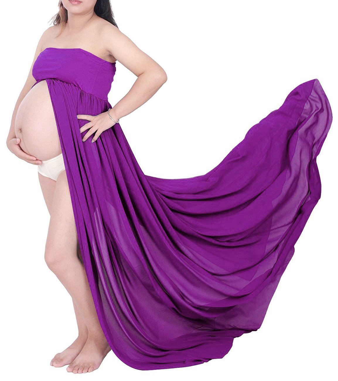 Gititlys Boob Tube Top Split Front Maxi Chiffon Maternity Dress for Photoshoot Purple