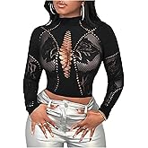 SweatyRocks Women's Sexy Cutout Sheer Mesh Slim Fit Hollow Out Fishnet Stretchy Long Sleeve Crop Shirt Top