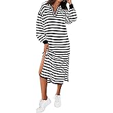 MASCOMODA Womens Fall Dresses 2024 Striped Sweater Dress Casual Long Sleeve V Neck Collared Loose Side Slit Knit Midi Dress