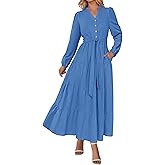 PRETTYGARDEN Maxi Dresses for Women Spring Long Sleeve V Neck Belted A Line Flowy Boho Wedding Guest Dress Pockets